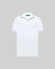 The Psycho Bunny MENS JAXON SOFT PIQUE CAMP COLLAR POLO (MT0100006) is a white short-sleeve shirt in soft piqué knit, featuring a black-piped collar and subtle chest logo, shown on a light grey backdrop.