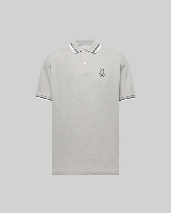 The Psycho Bunny MENS CHRIS PERFORMANCE PIQUE POLO (MT0100038) is a light grey slim fit polo with a white and grey striped collar and sleeves, featuring an embroidered bunny head with bowtie on the left chest and a classic two-button placket.