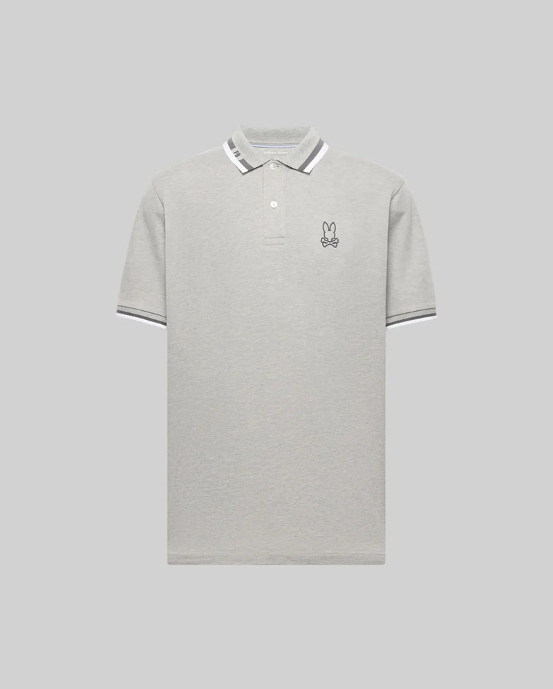 The Psycho Bunny MENS CHRIS PERFORMANCE PIQUE POLO (MT0100038) is a light grey slim fit polo with a white and grey striped collar and sleeves, featuring an embroidered bunny head with bowtie on the left chest and a classic two-button placket.