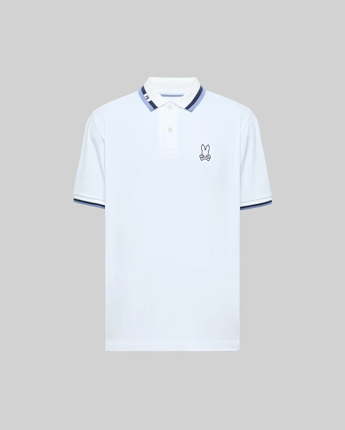 The Psycho Bunny MENS CHRIS PERFORMANCE PIQUE POLO (MT0100038) is a white Pima cotton polo with blue and white striped collar and cuffs, plus an embroidered bunny logo on the left chest, shown on a plain gray background.