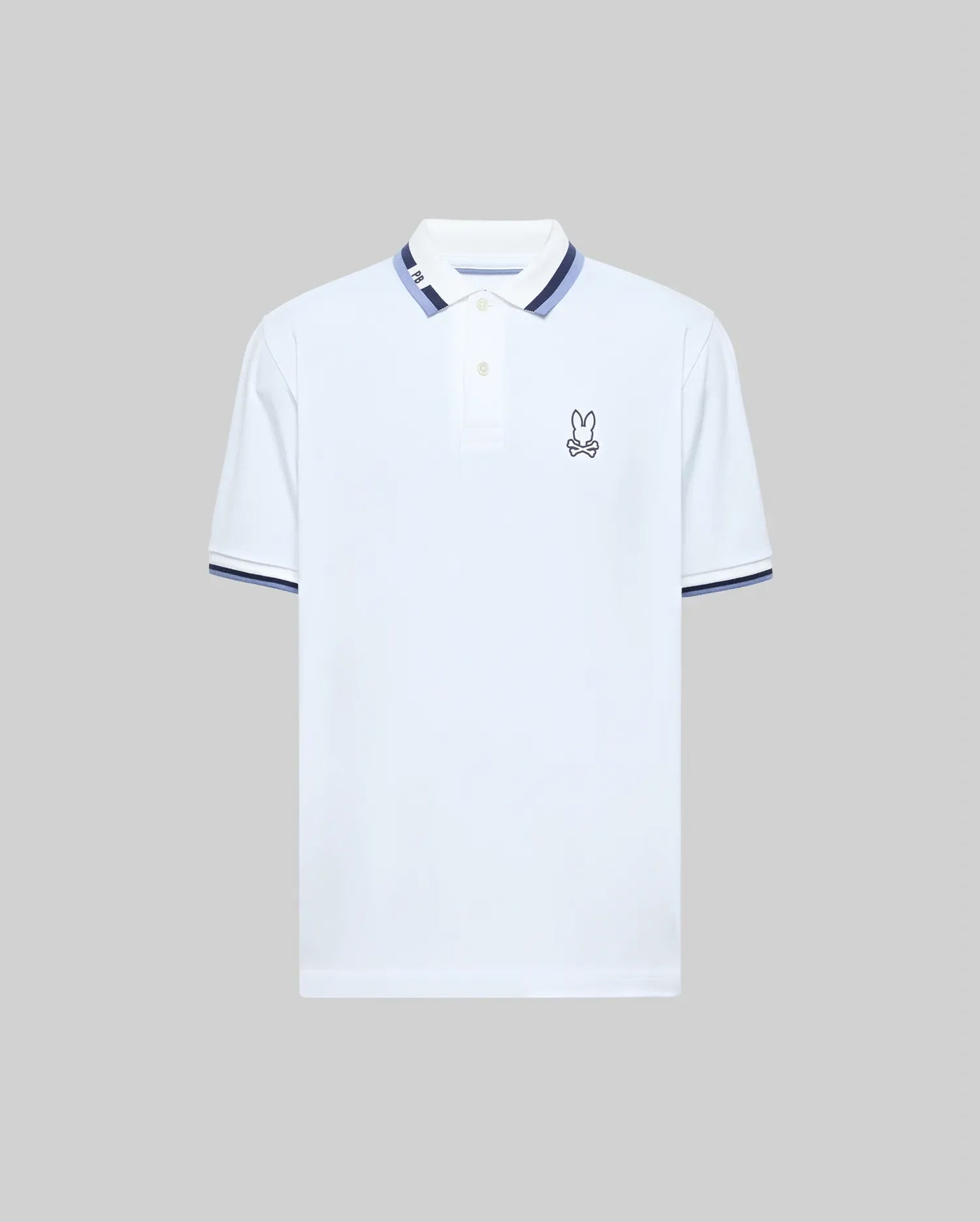 The Psycho Bunny MENS CHRIS PERFORMANCE PIQUE POLO (MT0100038) is a white Pima cotton polo with blue and white striped collar and cuffs, plus an embroidered bunny logo on the left chest, shown on a plain gray background.