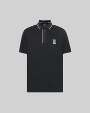 The Psycho Bunny MENS JAYDEN SPORT POLO - MT0100111 is a black, short-sleeve athletic fit polo with white trim on the collar and placket, plus a small bunny logo on the left chest. Shown against a plain light gray background.