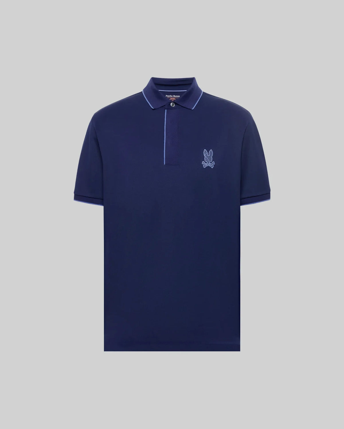 The Psycho Bunny MENS JAYDEN SPORT POLO - MT0100111 is a navy athletic-fit, short-sleeve shirt with a collar, partial button placket, left chest bunny logo, and moisture-wicking fabric. Shown on a plain light gray background.