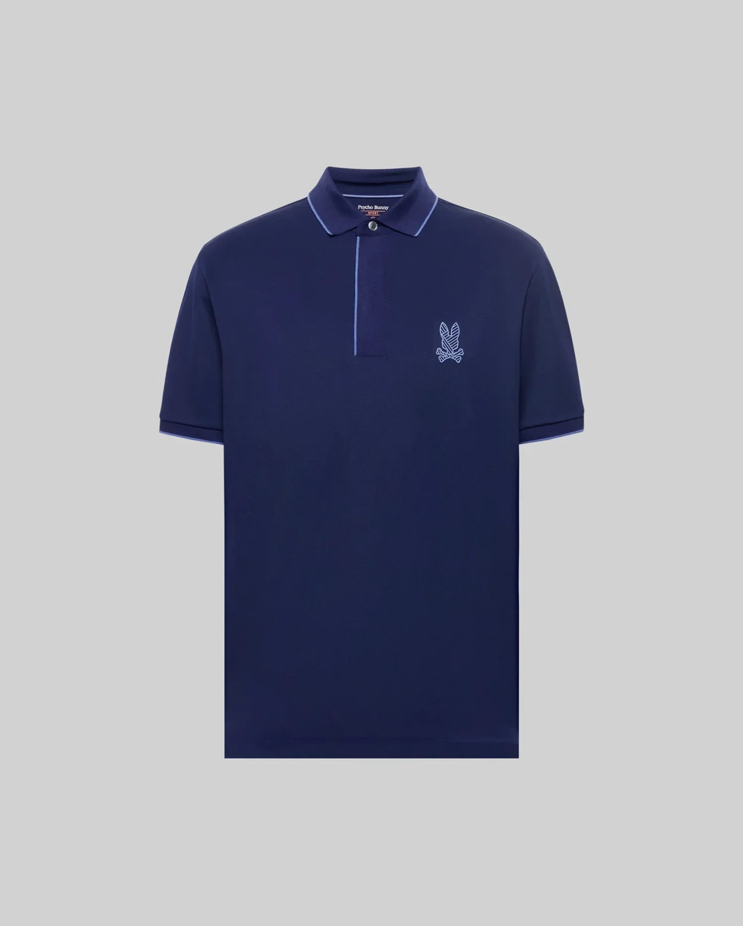 The Psycho Bunny MENS JAYDEN SPORT POLO - MT0100111 is a navy athletic-fit, short-sleeve shirt with a collar, partial button placket, left chest bunny logo, and moisture-wicking fabric. Shown on a plain light gray background.