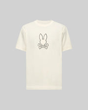 The Psycho Bunny MENS SETH GRAPHIC TEE (MT0200005) is a plain white Pima cotton tee with a simple black outline of the Hero Bunny head above crossed bones, centered on the chest, set against a light gray background.