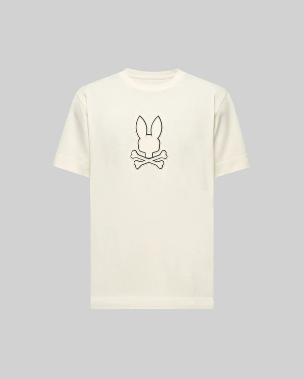 The Psycho Bunny MENS SETH GRAPHIC TEE (MT0200005) is a plain white Pima cotton tee with a simple black outline of the Hero Bunny head above crossed bones, centered on the chest, set against a light gray background.