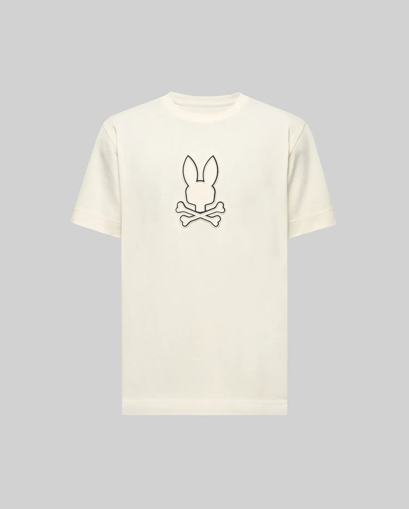The Psycho Bunny MENS SETH GRAPHIC TEE (MT0200005) is a plain white Pima cotton tee with a simple black outline of the Hero Bunny head above crossed bones, centered on the chest, set against a light gray background.