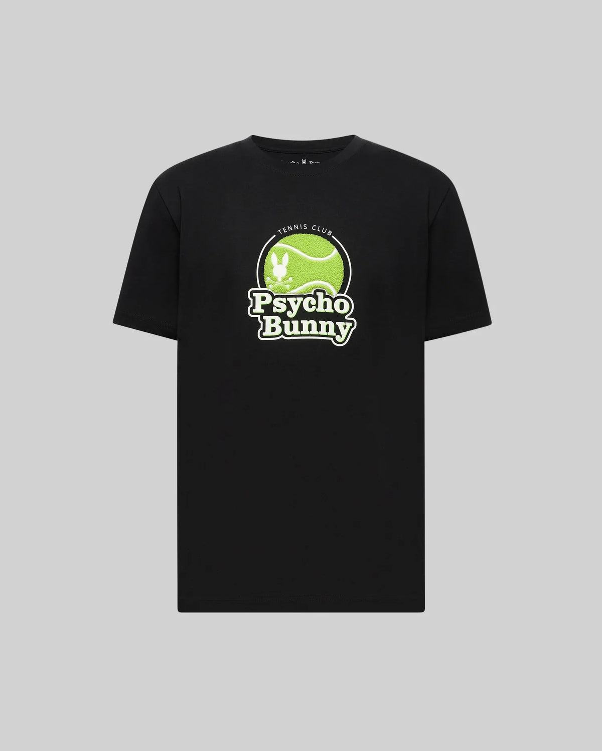 The MENS PETE GRAPHIC TEE - MT0200012 by Psycho Bunny is a black premium Pima cotton tee featuring a green tennis ball with a white bunny silhouette and "Tennis Club Psycho Bunny" on the front, shown against a gray background.