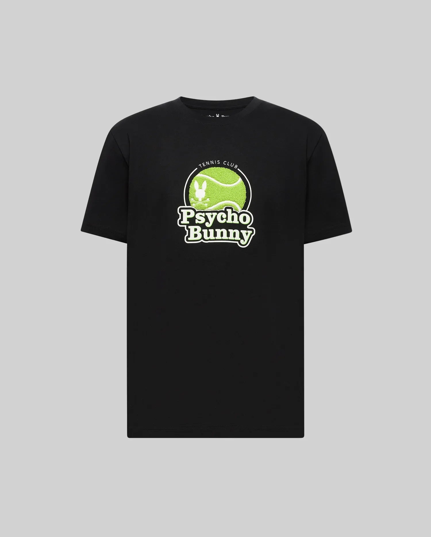 The MENS PETE GRAPHIC TEE - MT0200012 by Psycho Bunny is a black premium Pima cotton tee featuring a green tennis ball with a white bunny silhouette and "Tennis Club Psycho Bunny" on the front, shown against a gray background.