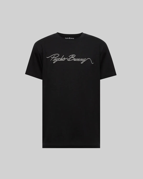 The Psycho Bunny MENS CYRUS WORDMARK GRAPHIC TEE (MT0200018) is a black Pima cotton shirt with "Psycho Bunny" in white cursive on the chest, shown against a plain gray background.
