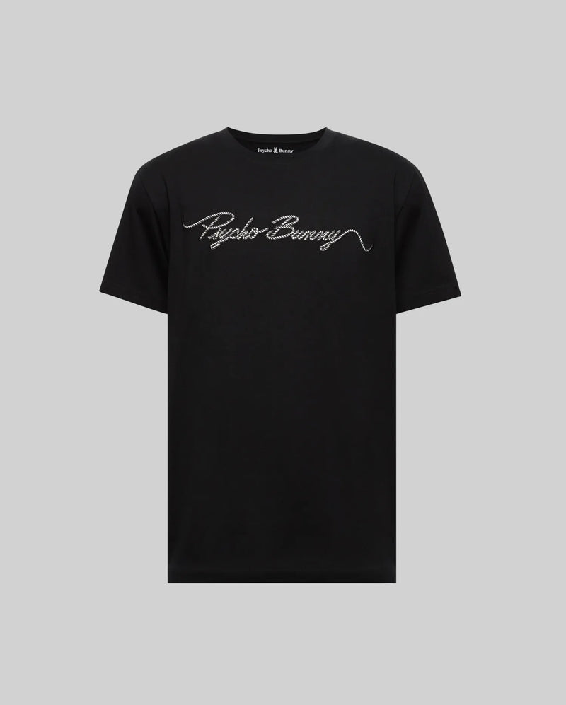The Psycho Bunny MENS CYRUS WORDMARK GRAPHIC TEE (MT0200018) is a black Pima cotton shirt with "Psycho Bunny" in white cursive on the chest, shown against a plain gray background.