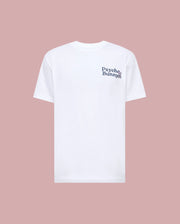 The MENS ARCHIVE WORDMARK GRAPHIC TEE - MT0200030 by Psycho Bunny is a regular fit white short-sleeve tee, shown on a pink background, with the Psycho Bunny wordmark and bunny logo in dark print on the left chest.