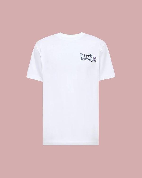 The MENS ARCHIVE WORDMARK GRAPHIC TEE - MT0200030 by Psycho Bunny is a regular fit white short-sleeve tee, shown on a pink background, with the Psycho Bunny wordmark and bunny logo in dark print on the left chest.