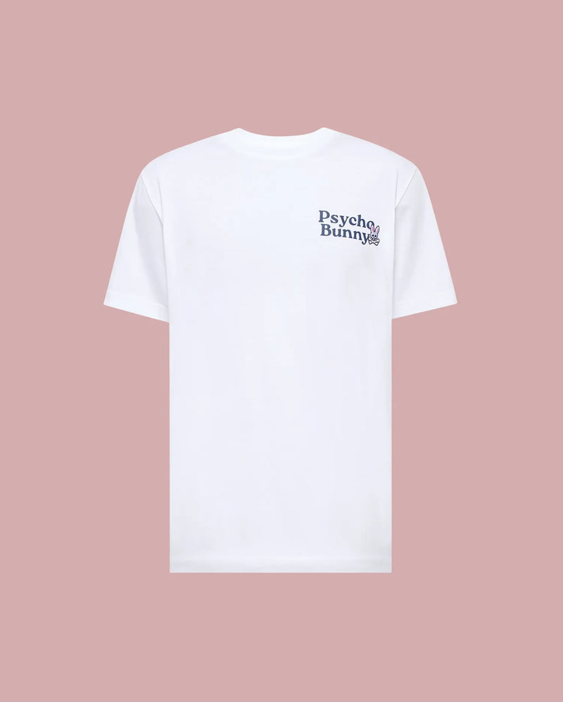 The MENS ARCHIVE WORDMARK GRAPHIC TEE - MT0200030 by Psycho Bunny is a regular fit white short-sleeve tee, shown on a pink background, with the Psycho Bunny wordmark and bunny logo in dark print on the left chest.