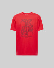 The MENS GLENN GRAPHIC TEE - MT0200034 by Psycho Bunny is a red, 100% Pima cotton short-sleeve tee featuring a rectangular abstract Bunny graphic and "Psycho Bunny" text on the front, shown against a plain gray background.