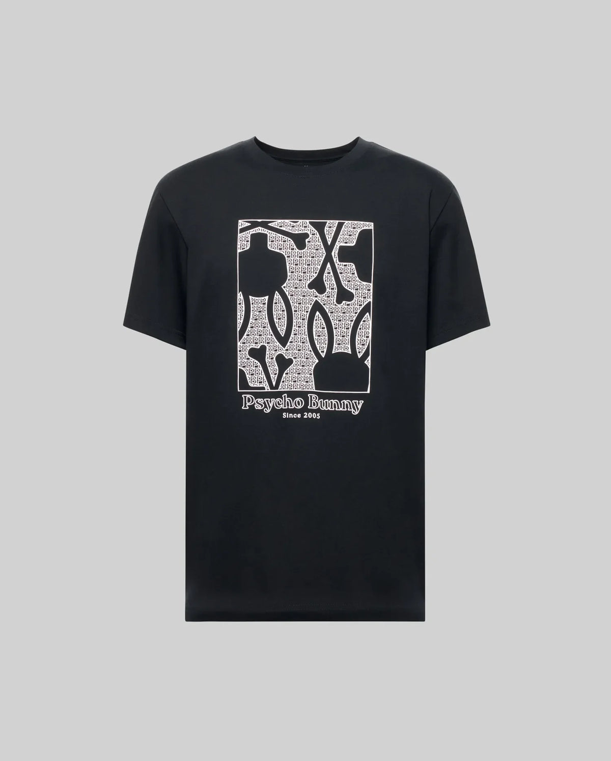 The Psycho Bunny MENS GLENN GRAPHIC TEE (MT0200034) is crafted from soft Pima cotton and features a large white outlined bunny graphic with text patterns and "Psycho Bunny Since 2005" printed on a light gray background.