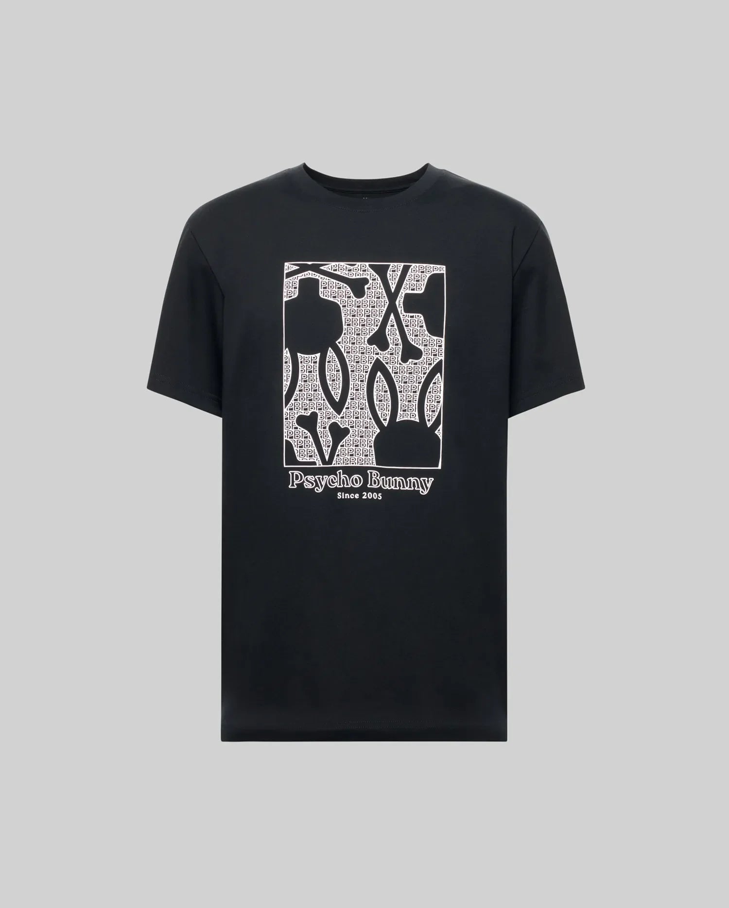 The Psycho Bunny MENS GLENN GRAPHIC TEE (MT0200034) is crafted from soft Pima cotton and features a large white outlined bunny graphic with text patterns and "Psycho Bunny Since 2005" printed on a light gray background.