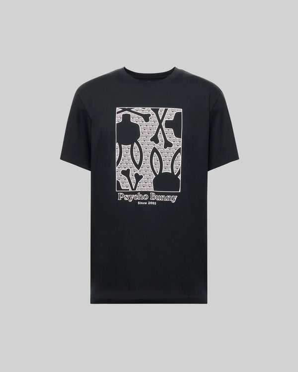 The Psycho Bunny MENS GLENN GRAPHIC TEE (MT0200034) is crafted from soft Pima cotton and features a large white outlined bunny graphic with text patterns and "Psycho Bunny Since 2005" printed on a light gray background.
