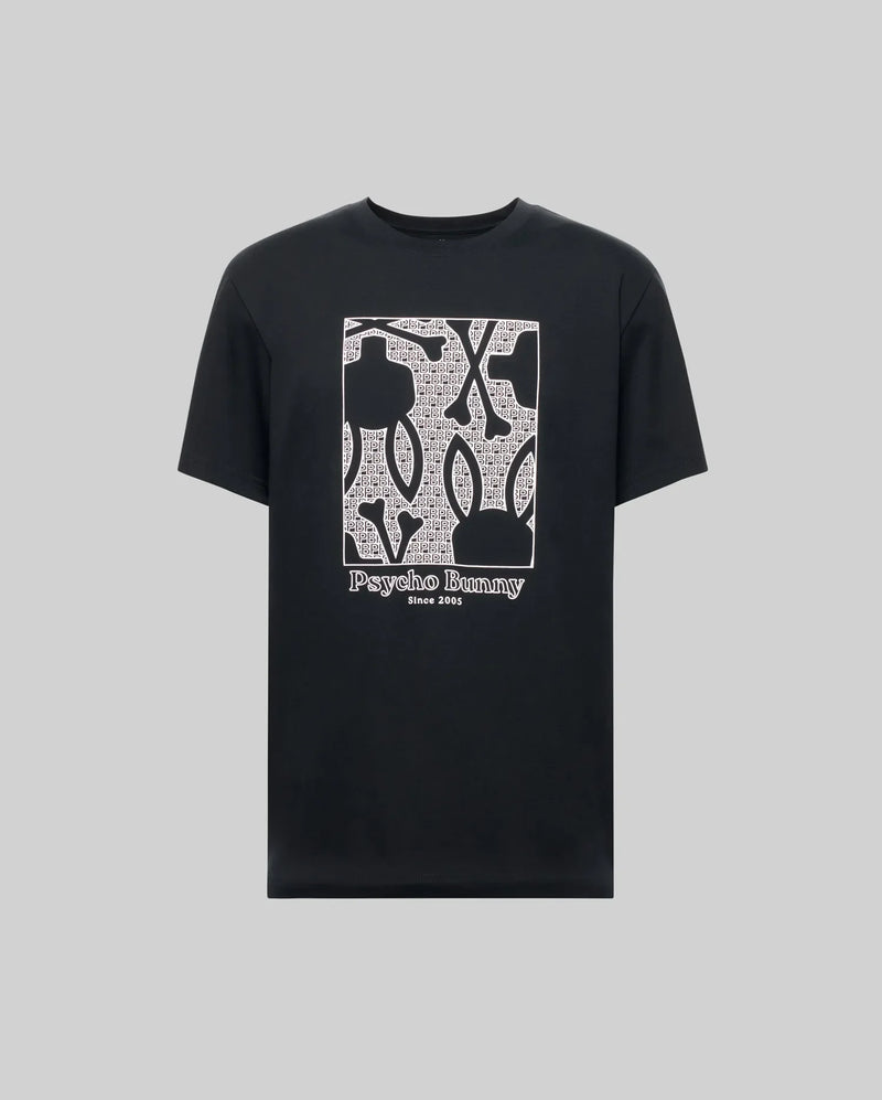 The Psycho Bunny MENS GLENN GRAPHIC TEE (MT0200034) is crafted from soft Pima cotton and features a large white outlined bunny graphic with text patterns and "Psycho Bunny Since 2005" printed on a light gray background.