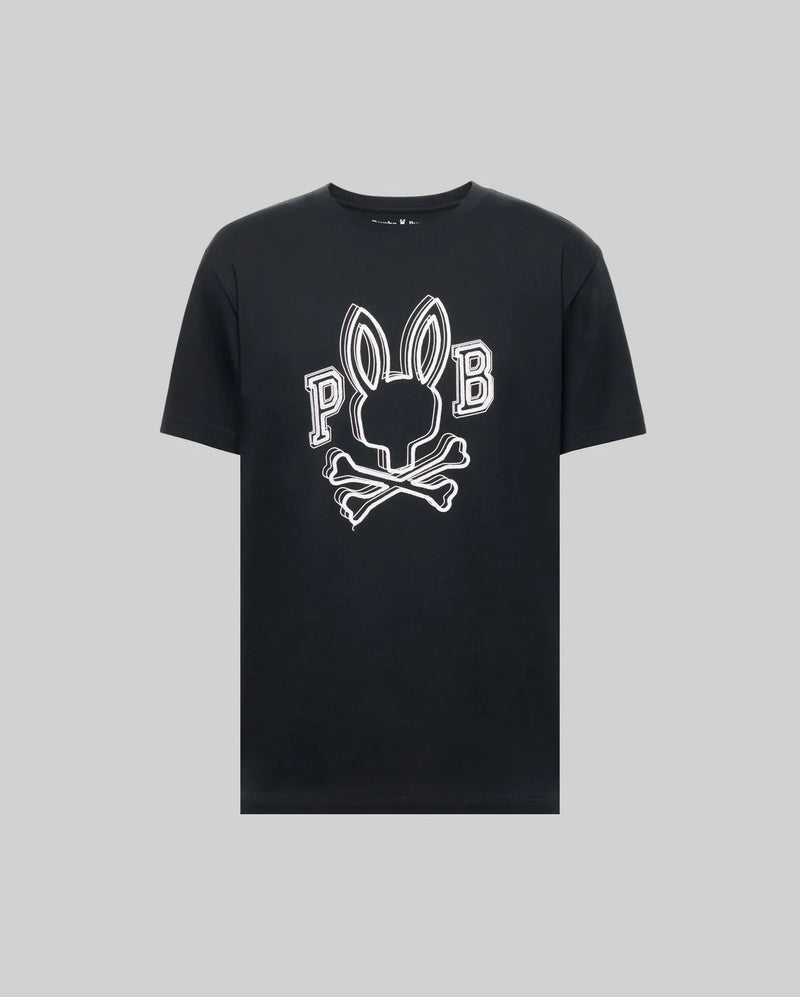 The Psycho Bunny MENS BALES GRAPHIC TEE (MT0200035) is a black Pima cotton shirt with a striking white Big Bunny and crossbones graphic, featuring “P” and “B” letters on each side, displayed on a plain gray background.