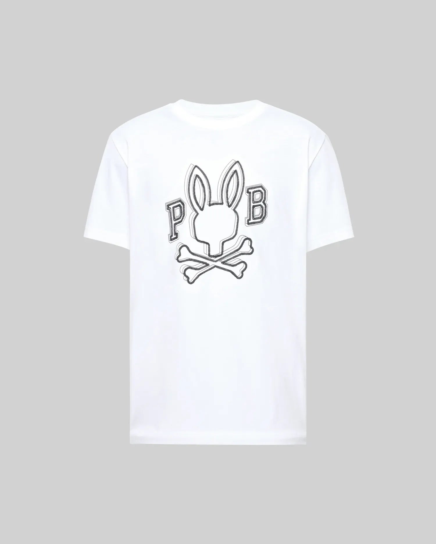 The Psycho Bunny MENS BALES GRAPHIC TEE (MT0200035) is a white Pima cotton shirt with a large bunny graphic, crossed bones, and 