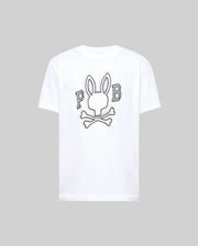 The Psycho Bunny MENS BALES GRAPHIC TEE (MT0200035) is a white Pima cotton shirt with a large bunny graphic, crossed bones, and "P" and "B" on the back for standout year-round style.