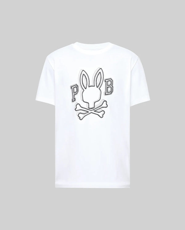 The Psycho Bunny MENS BALES GRAPHIC TEE (MT0200035) is a white Pima cotton shirt with a large bunny graphic, crossed bones, and "P" and "B" on the back for standout year-round style.
