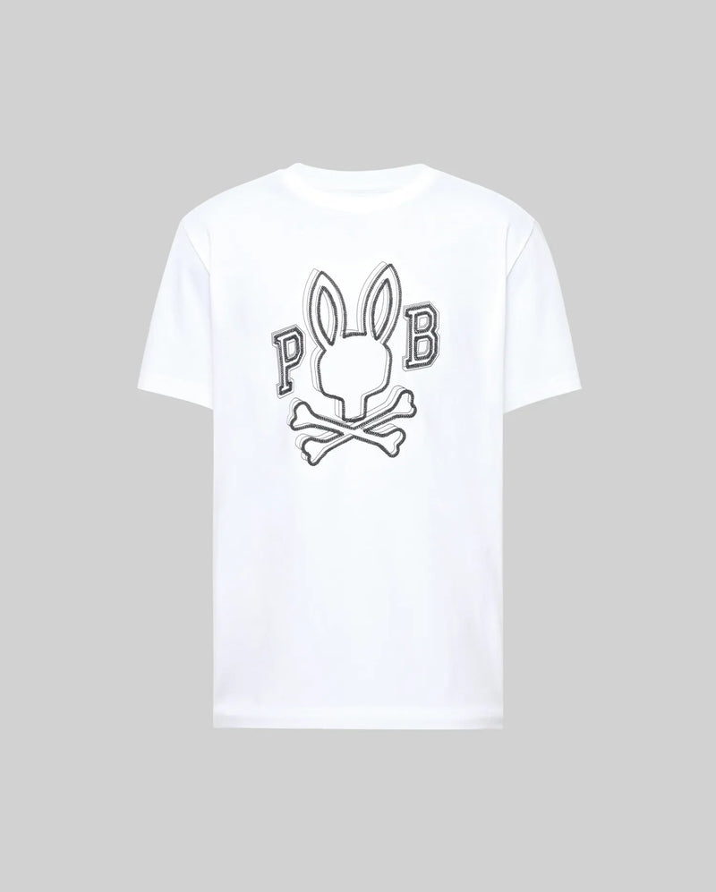 The Psycho Bunny MENS BALES GRAPHIC TEE (MT0200035) is a white Pima cotton shirt with a large bunny graphic, crossed bones, and "P" and "B" on the back for standout year-round style.