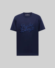 The MENS ELIAS GRAPHIC TEE - MT0200047 by Psycho Bunny is a navy blue Pima cotton short-sleeve shirt, featuring a bold bunny graphic and large "Psycho Bunny" script on the front against a plain light gray background.