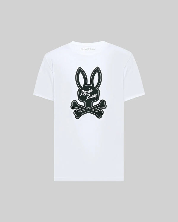 The Psycho Bunny MENS DEREK CENTER GRAPHIC TEE (MT0200048) is a white Pima cotton T-shirt with a bold black bunny-and-crossbones graphic on the back, with "Psycho Bunny" script. Available in Big and Tall sizes.