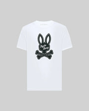 The Psycho Bunny MENS DEREK CENTER GRAPHIC TEE (MT0200048) is a white Pima cotton T-shirt with a bold black bunny-and-crossbones graphic on the back, with "Psycho Bunny" script. Available in Big and Tall sizes.