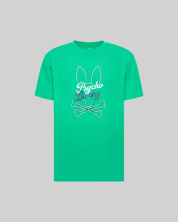 The Psycho Bunny MENS GARRET GRAPHIC TEE (MT0200050) is a bright green Pima cotton crewneck featuring a white outline Bunny print with bunny ears above crossed bones and "Psycho Bunny" text, shown against a plain gray background.