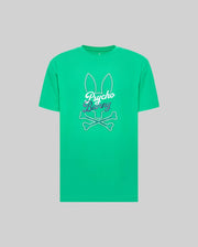 The Psycho Bunny MENS GARRET GRAPHIC TEE (MT0200050) is a bright green Pima cotton crewneck featuring a white outline Bunny print with bunny ears above crossed bones and "Psycho Bunny" text, shown against a plain gray background.