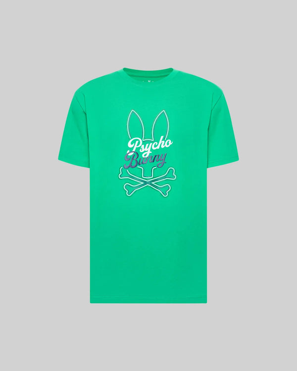 The Psycho Bunny MENS GARRET GRAPHIC TEE (MT0200050) is a bright green Pima cotton crewneck featuring a white outline Bunny print with bunny ears above crossed bones and "Psycho Bunny" text, shown against a plain gray background.