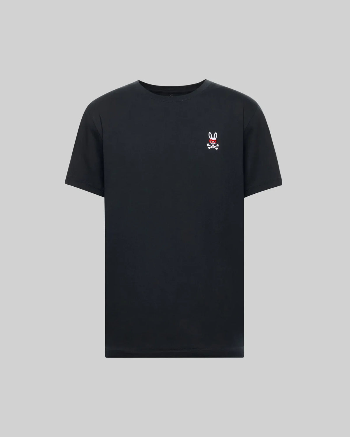 The Psycho Bunny MENS MISCHIEF BUNNY TEE (MT0200051) is a plain black short-sleeve Pima cotton shirt with a small white embroidered Mischief Bunny and red text on the left chest, shown on a light gray background.
