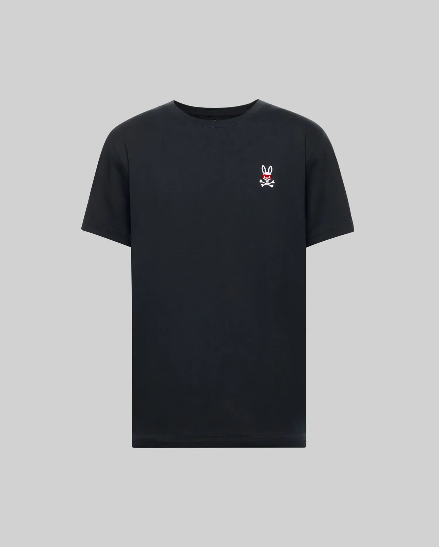 The Psycho Bunny MENS MISCHIEF BUNNY TEE (MT0200051) is a plain black short-sleeve Pima cotton shirt with a small white embroidered Mischief Bunny and red text on the left chest, shown on a light gray background.