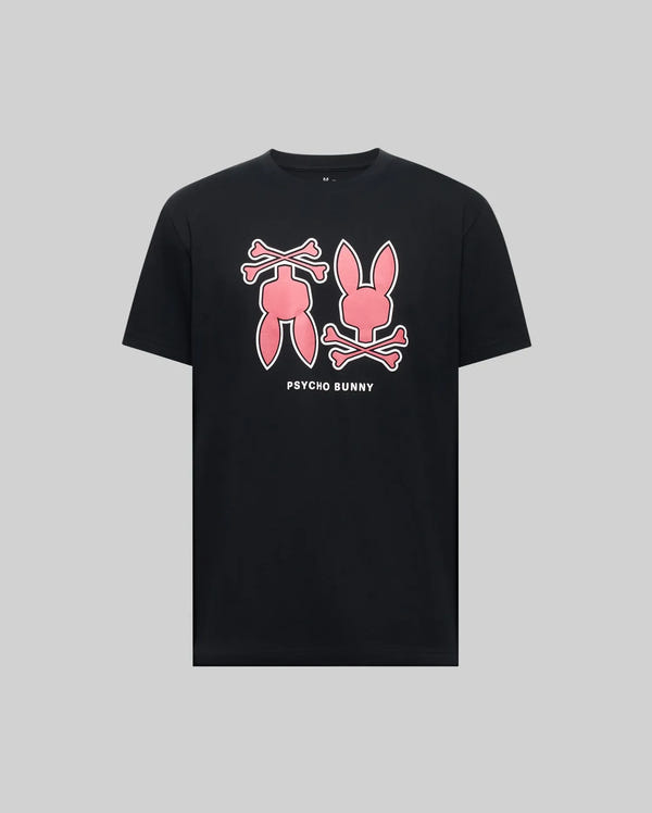 The Psycho Bunny MENS DAWSON GRAPHIC TEE - MT0200053 is a black Pima cotton shirt with bold pink bunny head and legs above crossed bones, finished with the white "PSYCHO BUNNY" logo under the graphics.