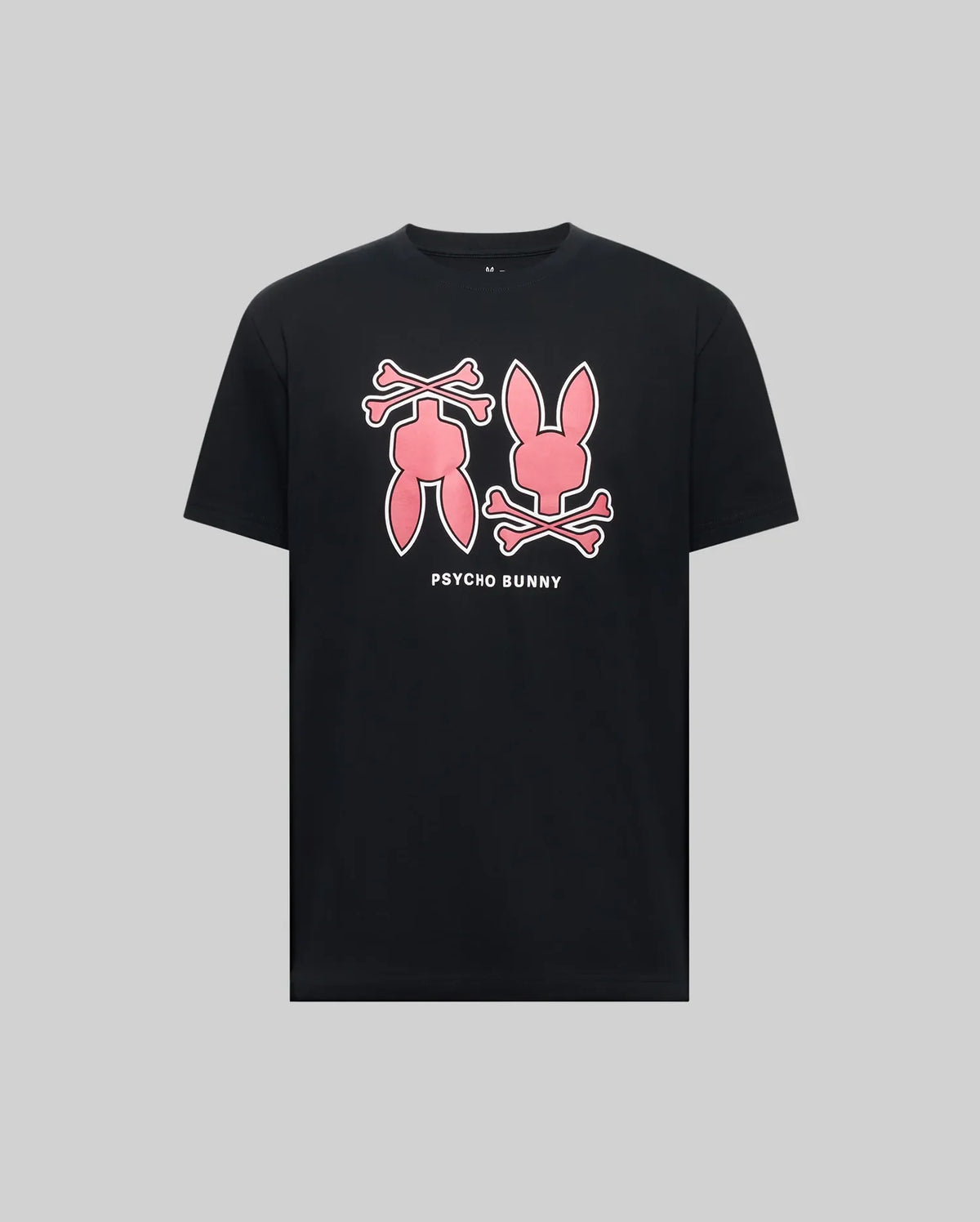 The Psycho Bunny MENS DAWSON GRAPHIC TEE - MT0200053 is a black Pima cotton shirt with bold pink bunny head and legs above crossed bones, finished with the white "PSYCHO BUNNY" logo under the graphics.