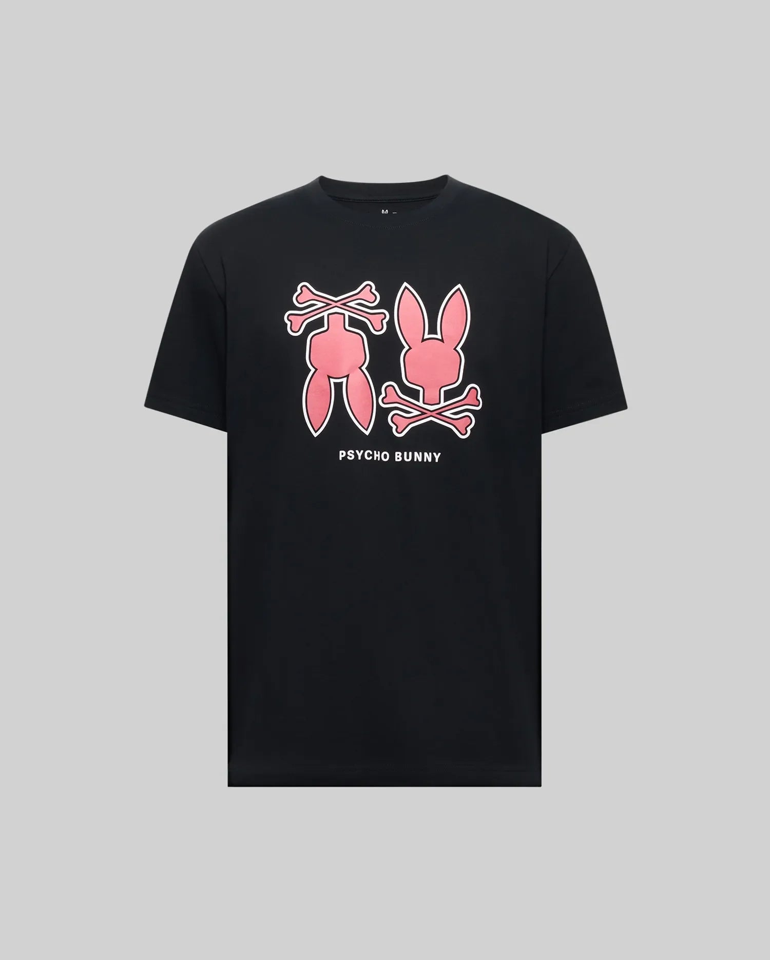 The Psycho Bunny MENS DAWSON GRAPHIC TEE - MT0200053 is a black Pima cotton shirt with bold pink bunny head and legs above crossed bones, finished with the white "PSYCHO BUNNY" logo under the graphics.
