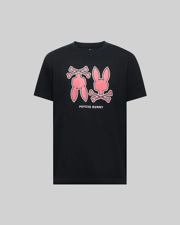 The Psycho Bunny MENS DAWSON GRAPHIC TEE - MT0200053 is a black Pima cotton shirt with bold pink bunny head and legs above crossed bones, finished with the white "PSYCHO BUNNY" logo under the graphics.