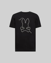 The MENS CYRUS GRAPHIC TEE - MT0200115 by Psycho Bunny is made from 100% Pima cotton, featuring a large outlined bunny head above crossed bones in a rope design on the back, echoing a sailor’s vibe, shown on a plain gray background.