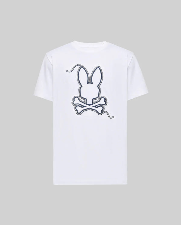 The MENS CYRUS GRAPHIC TEE (MT0200115) by Psycho Bunny features a large outlined bunny head above crossed bones in a playful dashed-line design on soft Pima cotton, set against a light gray background.