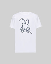 The MENS CYRUS GRAPHIC TEE (MT0200115) by Psycho Bunny features a large outlined bunny head above crossed bones in a playful dashed-line design on soft Pima cotton, set against a light gray background.