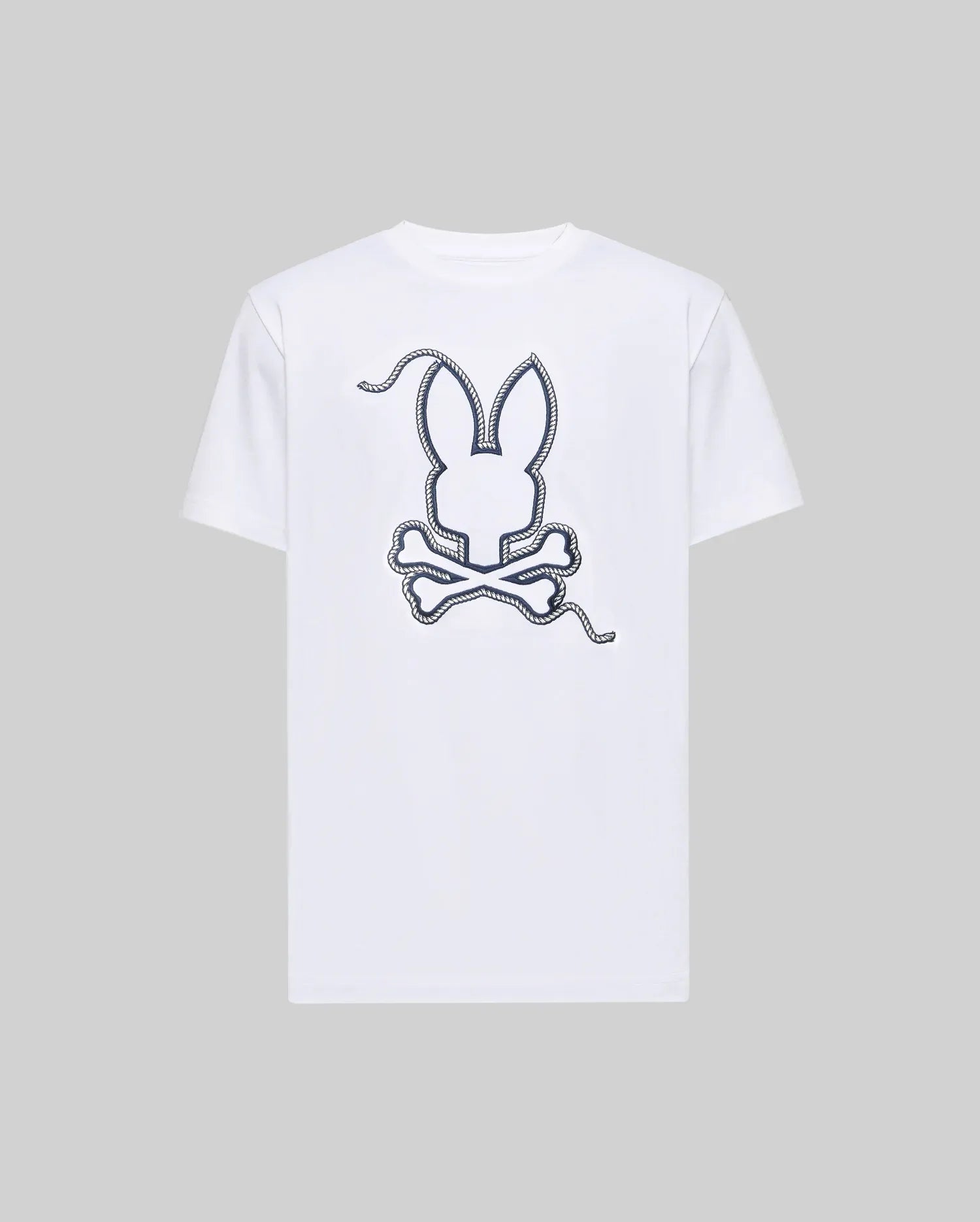 The MENS CYRUS GRAPHIC TEE (MT0200115) by Psycho Bunny features a large outlined bunny head above crossed bones in a playful dashed-line design on soft Pima cotton, set against a light gray background.