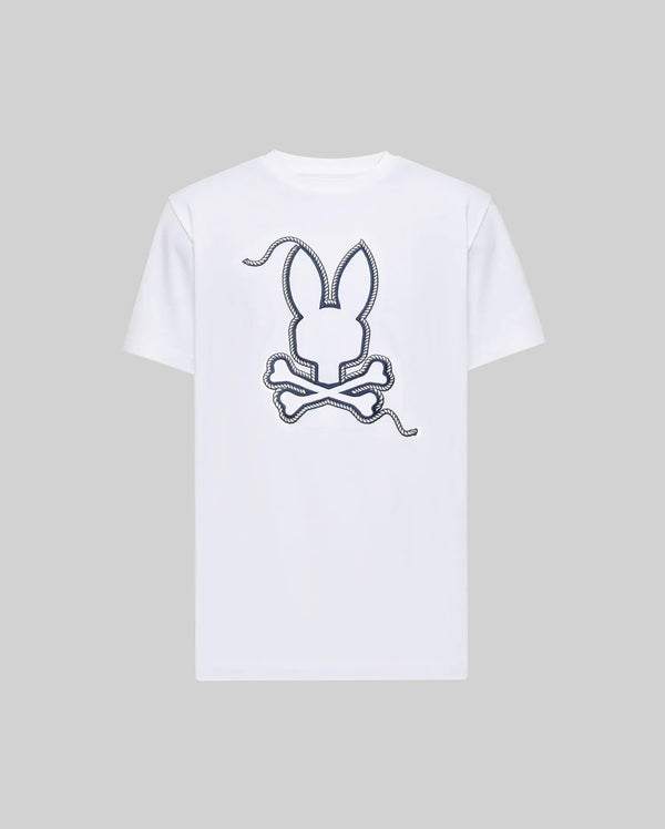 The MENS CYRUS GRAPHIC TEE (MT0200115) by Psycho Bunny features a large outlined bunny head above crossed bones in a playful dashed-line design on soft Pima cotton, set against a light gray background.