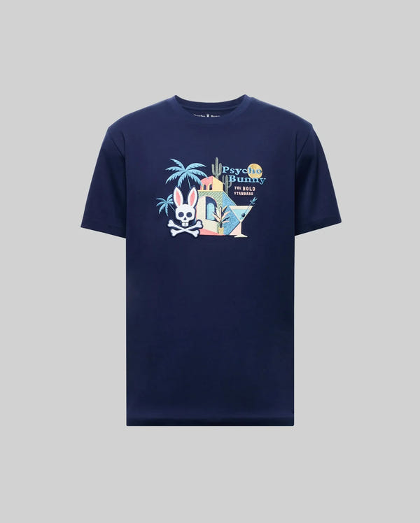 The Psycho Bunny MENS SHANE GRAPHIC TEE (MT0200175) is a navy blue Pima cotton summer tee with a colorful embroidered bunny, palm trees, house, and "Upsy Bunny’s Island" on the upper left chest.