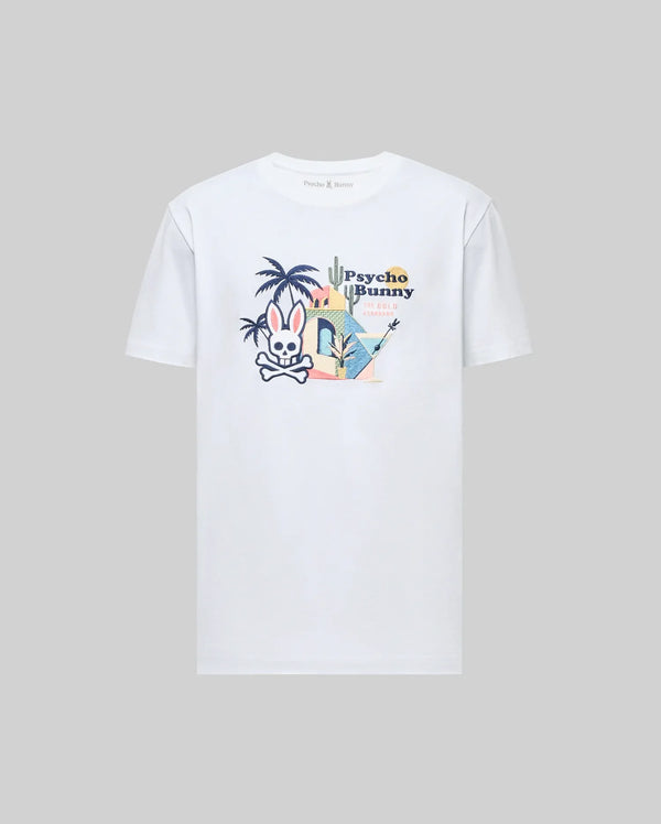 The Psycho Bunny MENS SHANE GRAPHIC TEE (MT0200175) is a white Pima cotton T-shirt with an embroidered cartoon bunny, crossbones, palm trees, cacti, and "Psycho Bunny" text on the back—ideal for summer style.