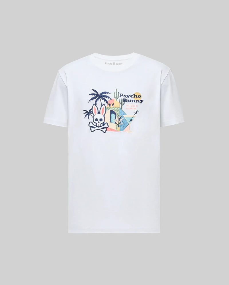 The Psycho Bunny MENS SHANE GRAPHIC TEE (MT0200175) is a white Pima cotton T-shirt with an embroidered cartoon bunny, crossbones, palm trees, cacti, and "Psycho Bunny" text on the back—ideal for summer style.