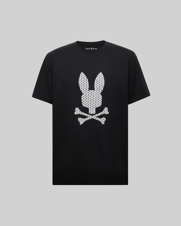 The Psycho Bunny MENS TALON GRAPHIC TEE (MT0200179) is a regular-fit black cotton shirt featuring a bold white bunny-above-bones graphic filled with small symbol patterns for standout style and comfort.