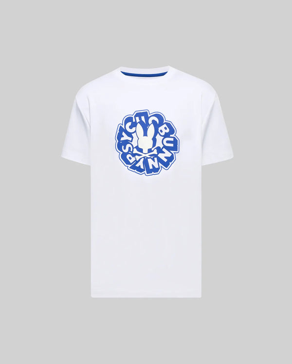 White Mens Toby Graphic Tee, classic fit jersey, with a large central royal blue circular graphic featuring the iconic Psycho Bunny skull and bold text, plus a blue inner collar.